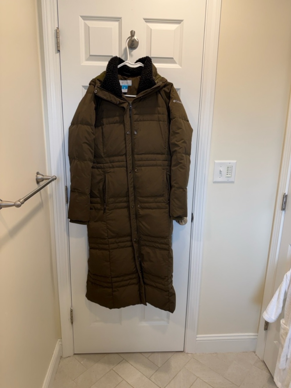Long Olive Green Puffer Coat with Sherpa Neck